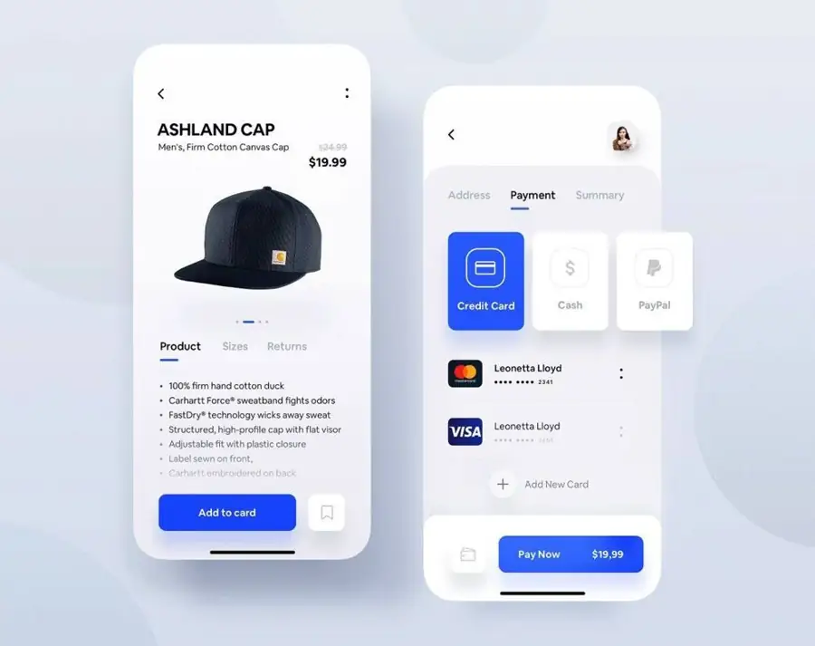 E-commerce mobile app screens